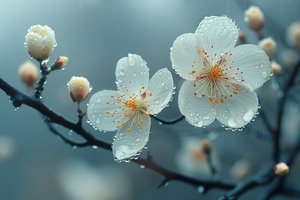 Witte bloemen onder de ochtenddauw voor zen muurdecoratie door F. Abderrahim