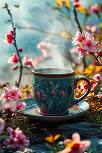 Een surrealistisch kopje koffie omringd door bloemen voor moderne wanddecoratie door F. Abderrahim