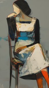 Abstract schilderij: een vrouw in een jurk zittend voor canvas en posterdrukken door F. Abderrahim