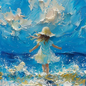 Abstract schilderij: schattig klein meisje voor een zeebries voor canvasdrukken