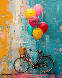 Abstract primitief schilderij Fiets stijgend met ballonnen slaapkamer wanddecor door F. Abderrahim