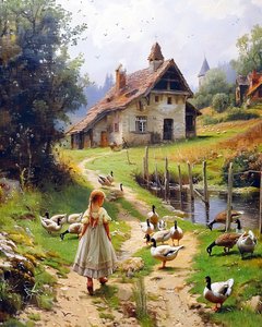 Meisje en pluimvee in oud Europees landschap door F. Abderrahim