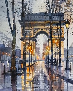 Aquarel schilderij: Champs Elysées Parijs Frankrijk in de winter