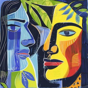 Abstract minimalistisch schilderij gezichten van twee mannen door F. Abderrahim