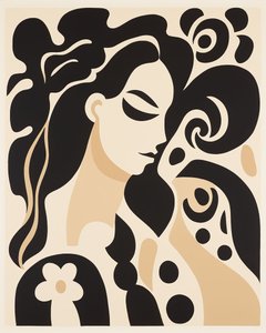 Beige en zwart abstract schilderij vrouw Henri Matisse stijl door F. Abderrahim