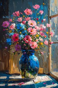 Olieverfschilderij van rommelige roze & blauwe bloemen door F. Abderrahim