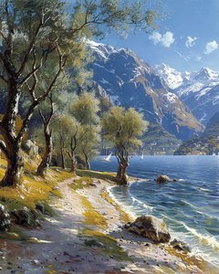 Berg- en boslandschap met een rustig meer, online kunstdrukken door F. Abderrahim