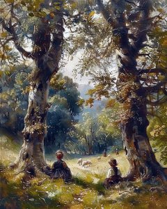 Kinderen zittend onder bomen in het bos, modern wanddecor door F. Abderrahim