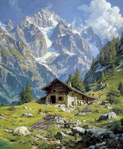 Blokhut in de Zwitserse Alpen in de lente, wanddecoratie voor keuken door F. Abderrahim