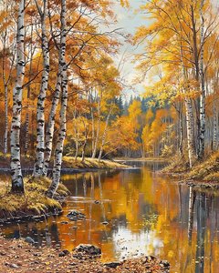 Landschap en berken met kristalhelder water, online kunstdrukken