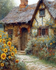Tuin van een middeleeuws huis met zonnebloemen, muurdecoratie-ideeën door F. Abderrahim