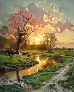 Mooi landschap bij zonsondergang, Canvas voor wanddecoratie Modern landschap door F. Abderrahim