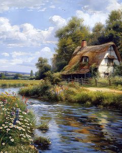 Huis op het platteland aan een rivier, landschap online Muurdecor te koop door F. Abderrahim