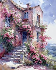 Huis omringd door klimplanten met rode en roze bloemen door F. Abderrahim