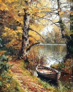 Een houten boot in het midden van een betoverd meer, Muurdecoratie te koop door F. Abderrahim