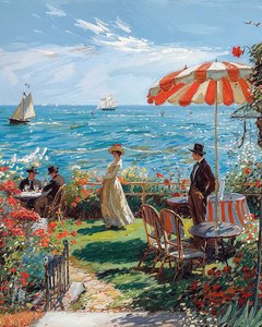 Café met uitzicht op zee, tekening uit de jaren 1920, online canvas prints