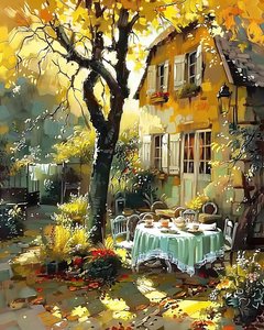 Lunchtafel in de tuin van een huis in Frankrijk, online kunstdruk door F. Abderrahim