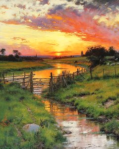 Zonsondergang over een kronkelende beek op het platteland, online kunstdrukken