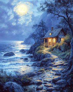 Huis aan de rand van een meer bij maanlicht, blauwe kleuren, canvas prints door F. Abderrahim