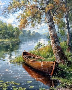 Prachtig landschap met een rivier  boot, Canvas voor wanddecoratie Stadsgezichten door F. Abderrahim