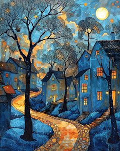 een straat in het centrum van een mediterrane stad bij nacht, online kunst afdrukken door F. Abderrahim