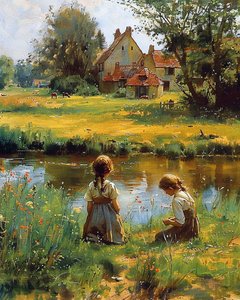 Kinderen spelen buiten het huis op het platteland, canvas prints