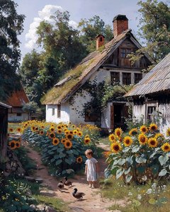 Een kind speelt voor een oude boerderij omringd door zonnebloemen canvas