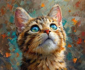 Een schattige kat met blauwe ogen die omhoog kijkt, close-up dierengezicht, muurdecoratie door F. Abderrahim