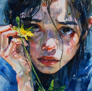 Een meisje streelt een gele bloem, close-up portret, online canvas print door F. Abderrahim