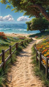 Een zandpad leidt naar een prachtig strand met een houten hek en kleurrijke bloemen door F. Abderrahim