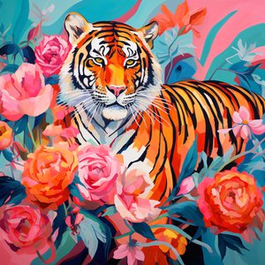 Abstract schilderij Pioenroos  tijger, levendige kleur, muurdecoratie-ideeën