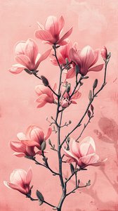 Minimalistische roze  grijze bloemen, Botanische muurdecoratie voor slaapkamer