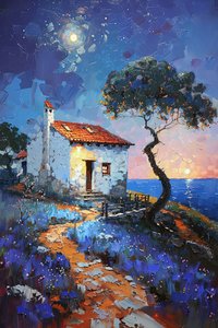 Cottage met uitzicht op zee onder het maanlicht, landschappen van Portugal door F. Abderrahim
