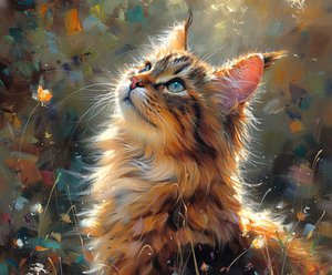 Pluizige kat kijkt omhoog, Schattig huisdier Realistisch schilderij, ingelijste muurdecoratie