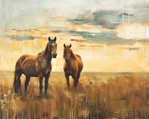 Olieverfschilderij Majestic Horses in a Field at Sunset, Canvas  wanddecoratie