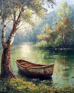 Oude houten boot zittend in het water illustratie, muurdecoratie-ideeën