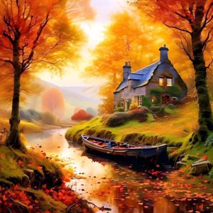 Schilderij van een hut in het bos met een beekje, herfstlandschap door F. Abderrahim