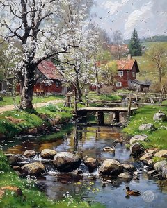 The Mill Cottage in de lente, olieverf op canvas, ingelijste wanddecoratie