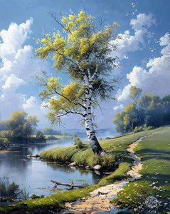 Bomen en rivier, rustig wateroppervlak dat zich uitstrekt tot de horizon, Landschap