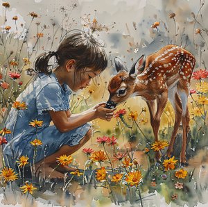 aquarel Meisje dat een babyhert voedt, gevlekt ree
