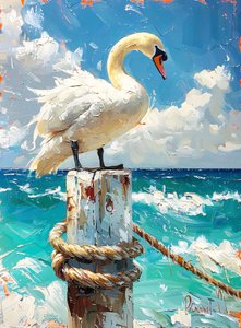 Witte trekvogel, ganzen aan zee, blauwe kleuren, muurdecoratie-ideeën door F. Abderrahim