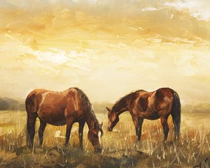 Wilde paarden bij zonsondergang canvas wanddecoratie, Canvas  ingelijste wanddecoratie door F. Abderrahim