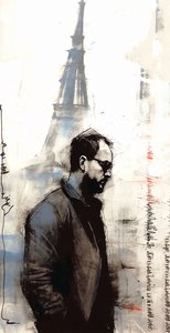 Schilderij van een man die naar beneden loopt in parijs, Wall Decor You