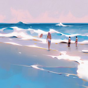 Mensen op het strand Minimalistisch aquarel met golven, Muurdecoratie te koop door F. Abderrahim