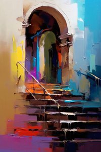 Abstracte architecturale compositie, schilderij in impressionisme, muur woondecoratie door F. Abderrahim