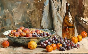 Een stilleven, fruit  fles wijn, penseelwerk schilderij, Muurdecoratie te koop door F. Abderrahim