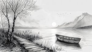 Boot in het midden van een rivier, getekend met zwarte lijnen, canvas prints op maat online door F. Abderrahim