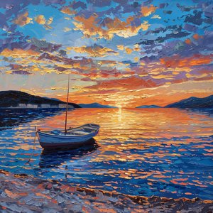 Boot op rivier bij zonsondergang Mooi, Dalmatië, Kroatië Olieverf op Canvas, Muurdecoratie te koop door F. Abderrahim
