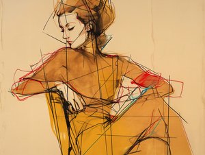Mode Illustratie  tekening van een zittende vrouw, Portret In Elegante Bruine Jurk, kunstdrukken door F. Abderrahim