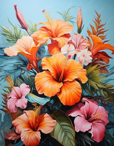 Schilderij van een boeket oranje en roze bloemen, wanddecoratieprints door F. Abderrahim